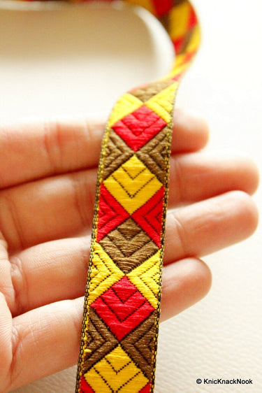 Jacquard Green, Red And Yellow Thread Cotton Lace Trim, 20mm wide Decorative Craft Ribbon
